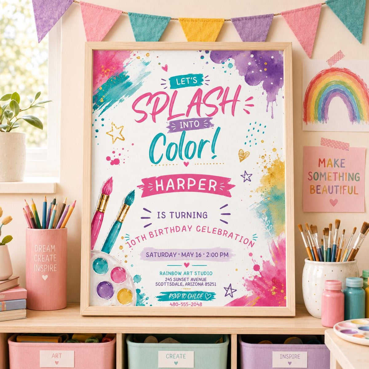 Editable Art Paint Birthday Invitation Canva Template, Girls Cute Modern Fun Themed DIY Sweet Chic Party Invite, Printable Digital Download.