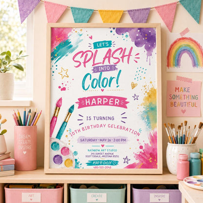 Editable Art Paint Birthday Invitation Canva Template, Girls Cute Modern Fun Themed DIY Sweet Chic Party Invite, Printable Digital Download.