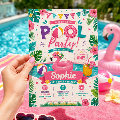 Editable Pool Birthday Invitation Canva Template, Pastel Girls Pool Cute Modern Fun DIY Sweet Chic Party Invite, Printable Digital Download.