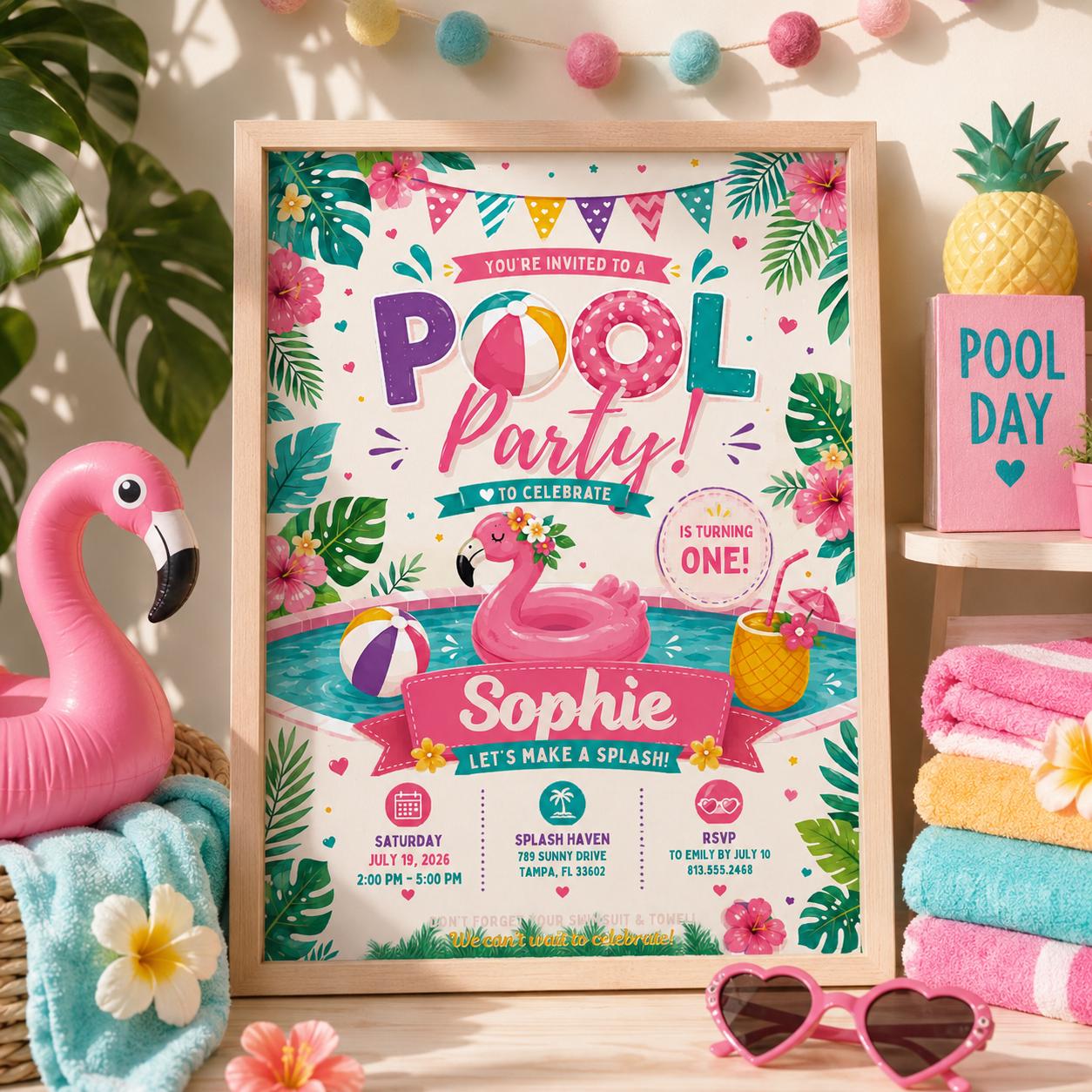 Editable Pool Birthday Invitation Canva Template, Pastel Girls Pool Cute Modern Fun DIY Sweet Chic Party Invite, Printable Digital Download.