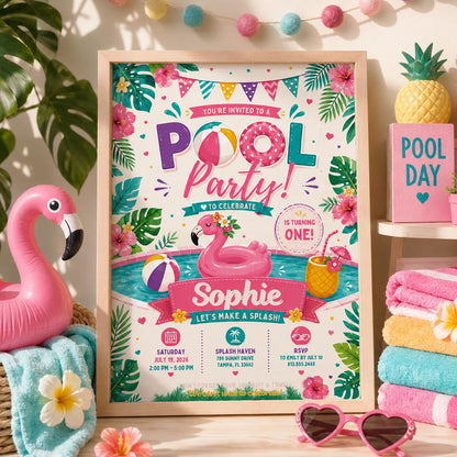 Editable Pool Birthday Invitation Canva Template, Pastel Girls Pool Cute Modern Fun DIY Sweet Chic Party Invite, Printable Digital Download.
