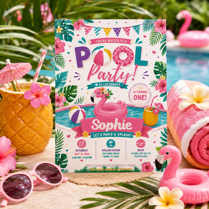 Editable Pool Birthday Invitation Canva Template, Pastel Girls Pool Cute Modern Fun DIY Sweet Chic Party Invite, Printable Digital Download.