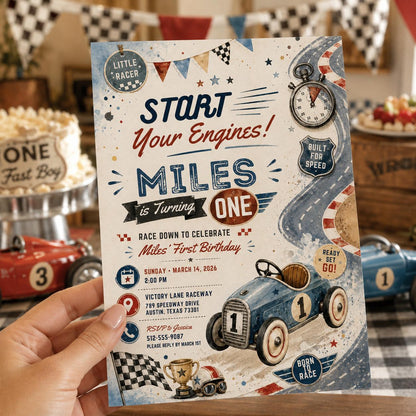 Editable Race Car Birthday Invitation Canva Template, Kids Racing Cute Modern Fun Themed DIY Sweet Party Invite, Printable Digital Download.