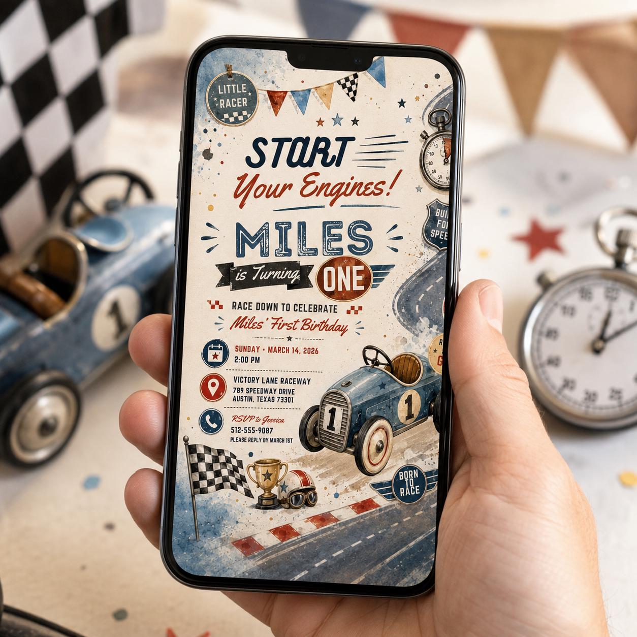 Editable Race Car Birthday Invitation Canva Template, Kids Racing Cute Modern Fun Themed DIY Sweet Party Invite, Printable Digital Download.