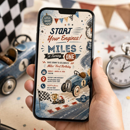 Editable Race Car Birthday Invitation Canva Template, Kids Racing Cute Modern Fun Themed DIY Sweet Party Invite, Printable Digital Download.