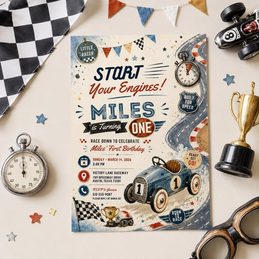 Editable Race Car Birthday Invitation Canva Template, Kids Racing Cute Modern Fun Themed DIY Sweet Party Invite, Printable Digital Download.
