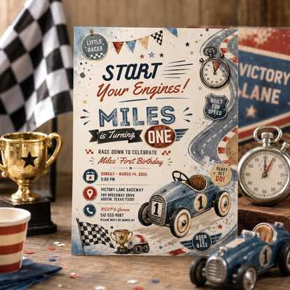 Editable Race Car Birthday Invitation Canva Template, Kids Racing Cute Modern Fun Themed DIY Sweet Party Invite, Printable Digital Download.