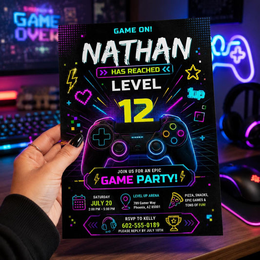 Editable Gamer Birthday Invitation Canva Template, Blue Neon Gamer Cute Modern Fun Themed DIY Chic Party Invite, Printable Digital Download.