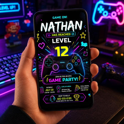 Editable Gamer Birthday Invitation Canva Template, Blue Neon Gamer Cute Modern Fun Themed DIY Chic Party Invite, Printable Digital Download.