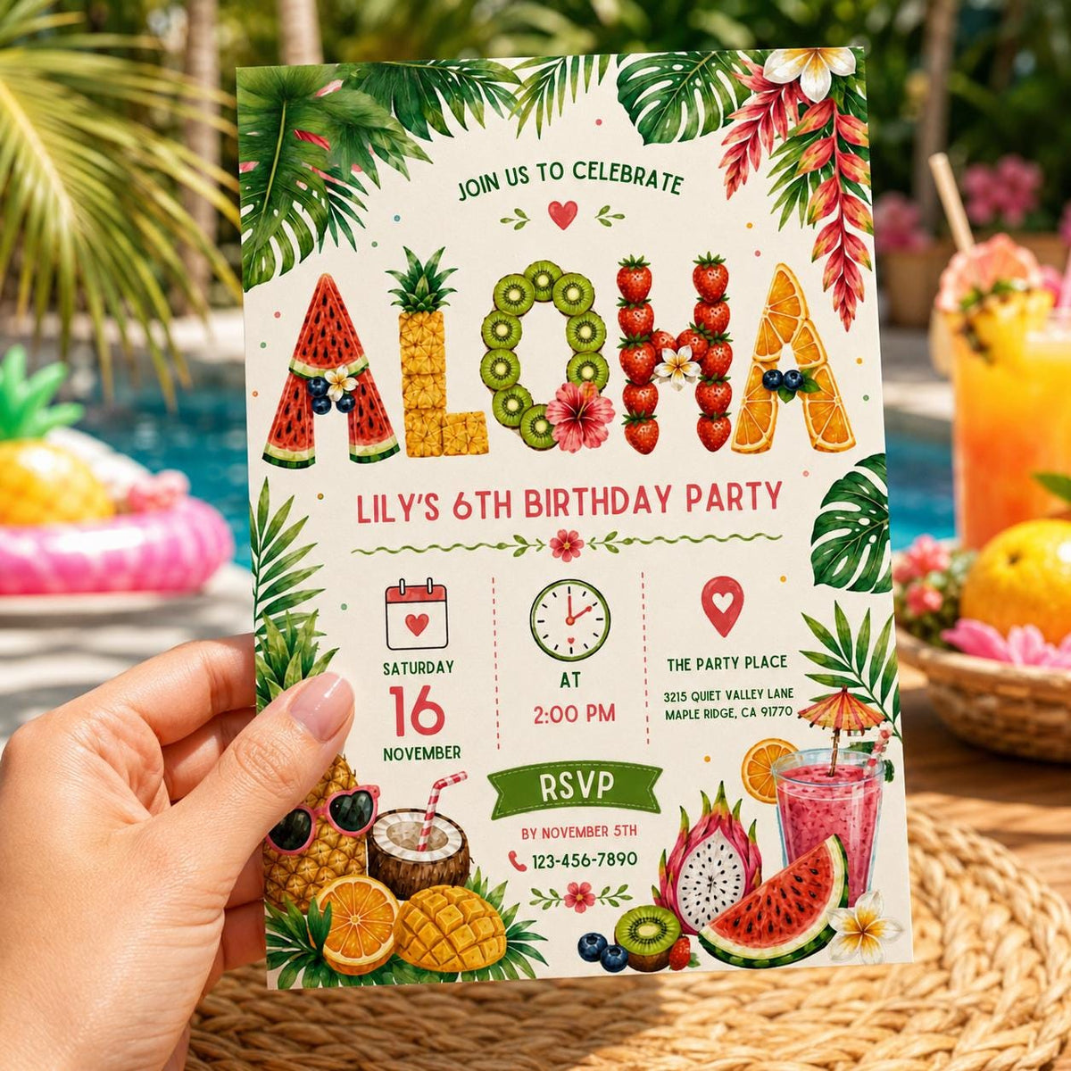 Editable Tropical Birthday Invitation Canva Template, Girls Summer Cute Modern Fun Themed DIY Chic Party Invite, Printable Digital Download.