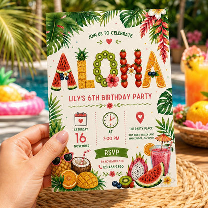 Editable Tropical Birthday Invitation Canva Template, Girls Summer Cute Modern Fun Themed DIY Chic Party Invite, Printable Digital Download.