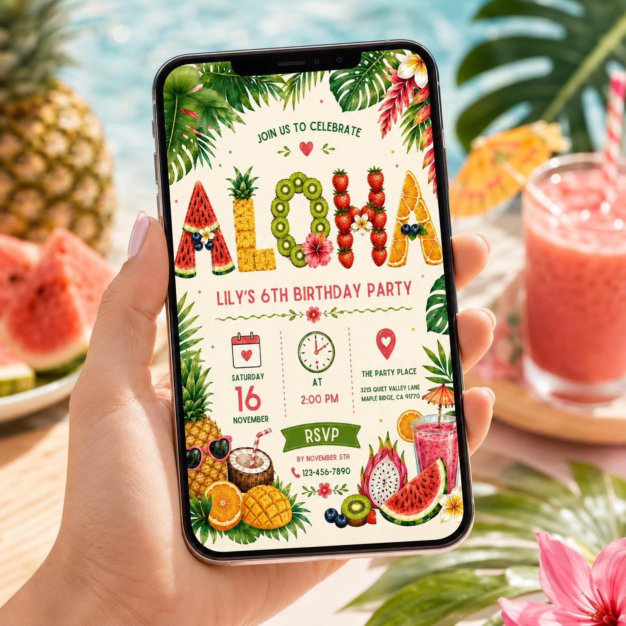 Editable Tropical Birthday Invitation Canva Template, Girls Summer Cute Modern Fun Themed DIY Chic Party Invite, Printable Digital Download.