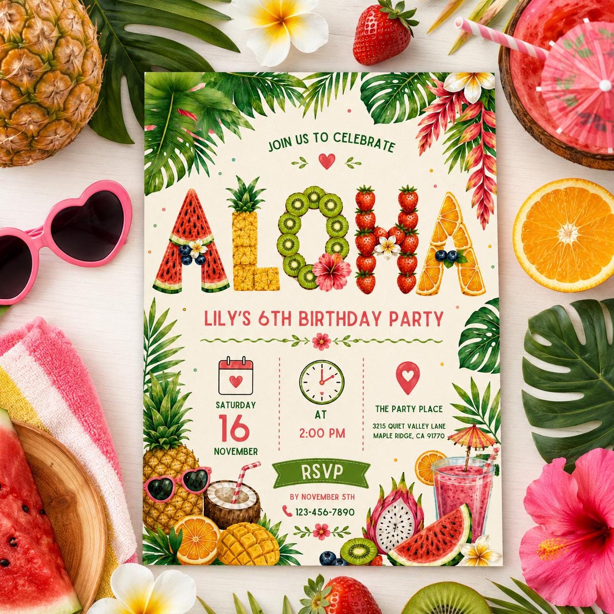 Editable Tropical Birthday Invitation Canva Template, Girls Summer Cute Modern Fun Themed DIY Chic Party Invite, Printable Digital Download.