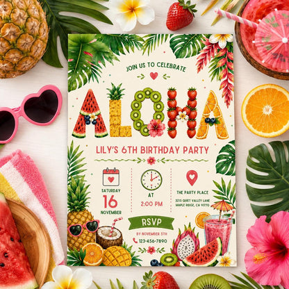 Editable Tropical Birthday Invitation Canva Template, Girls Summer Cute Modern Fun Themed DIY Chic Party Invite, Printable Digital Download.