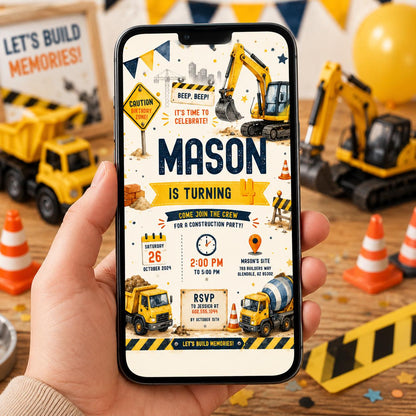 Editable Construction Birthday Invitation Canva Template, Black Yellow Boys Cute Fun DIY Chic Kids Party Invite, Printable Digital Download.