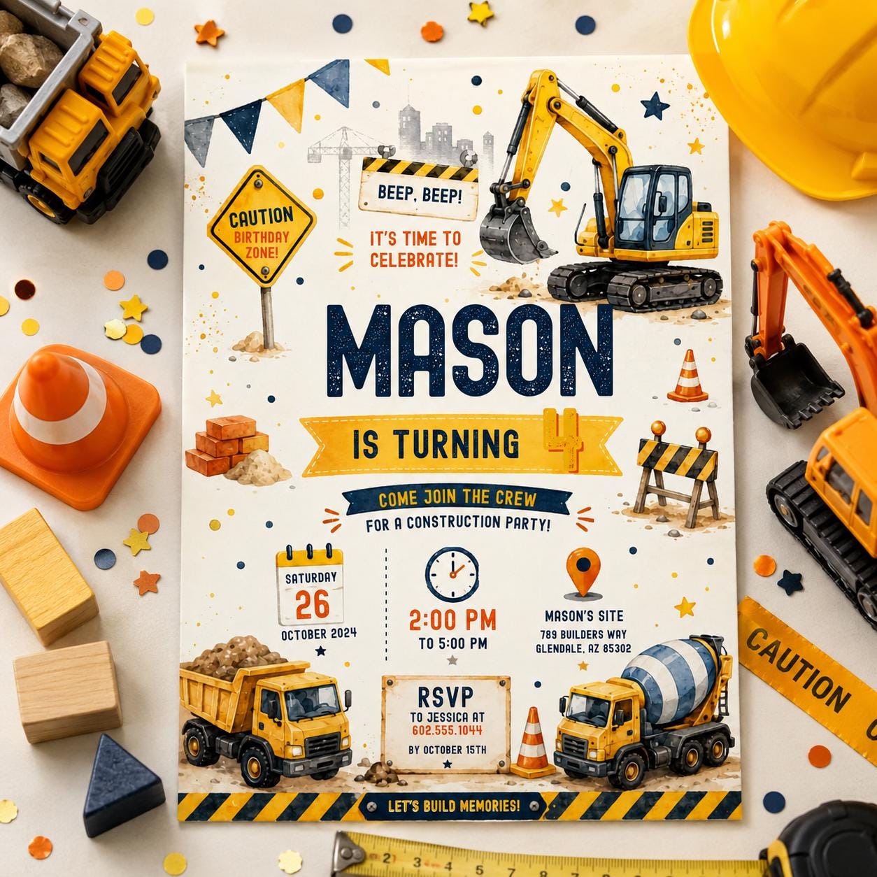 Editable Construction Birthday Invitation Canva Template, Black Yellow Boys Cute Fun DIY Chic Kids Party Invite, Printable Digital Download.