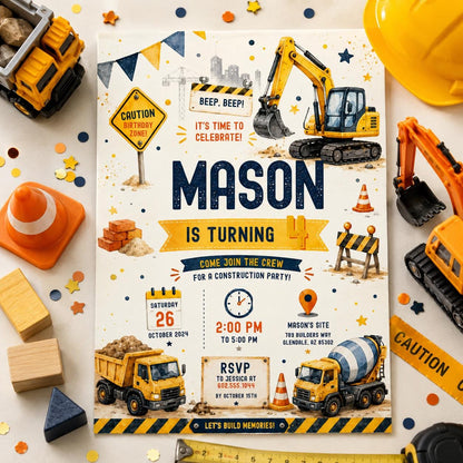 Editable Construction Birthday Invitation Canva Template, Black Yellow Boys Cute Fun DIY Chic Kids Party Invite, Printable Digital Download.