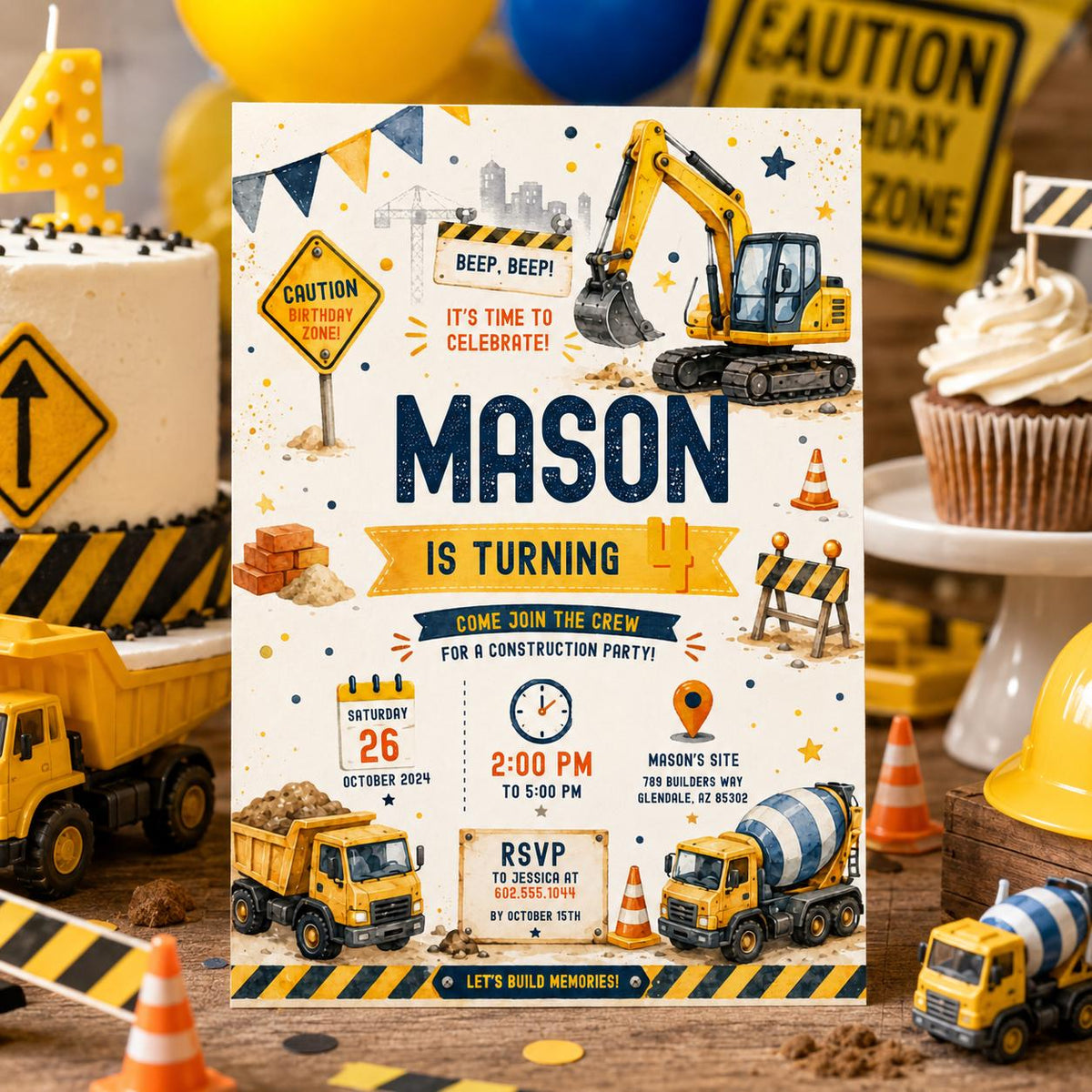 Editable Construction Birthday Invitation Canva Template, Black Yellow Boys Cute Fun DIY Chic Kids Party Invite, Printable Digital Download.