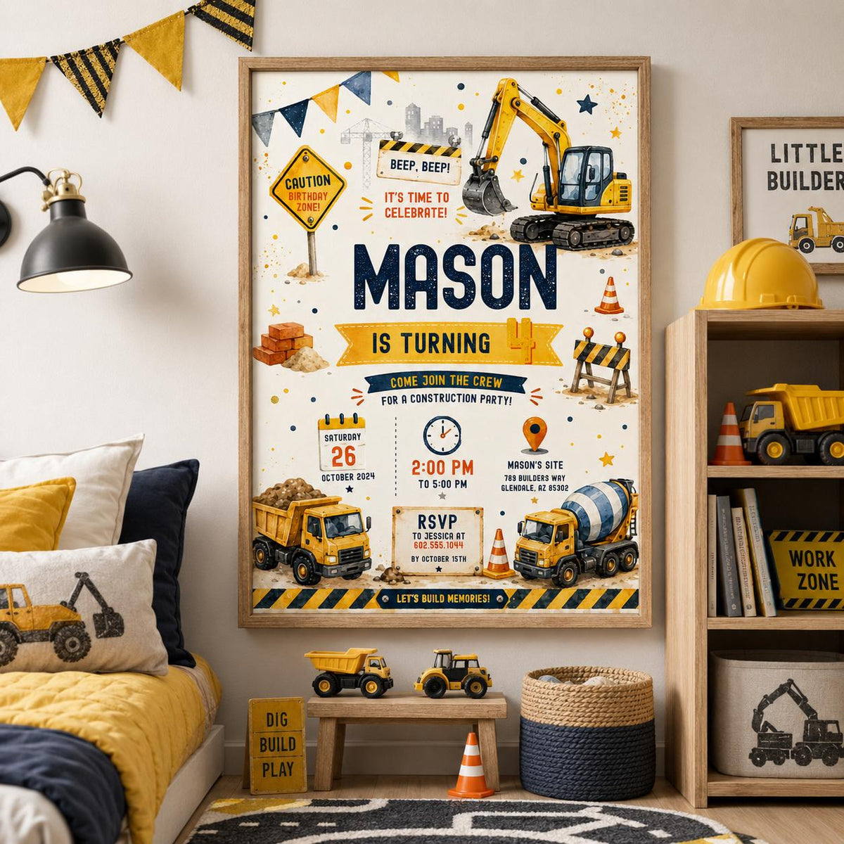 Editable Construction Birthday Invitation Canva Template, Black Yellow Boys Cute Fun DIY Chic Kids Party Invite, Printable Digital Download.