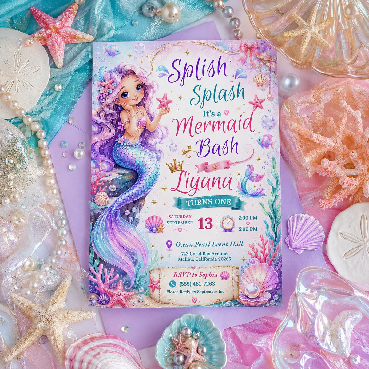 Editable Mermaid Birthday Invitation Canva Template, Pink Purple Gold Girls Cute Fun DIY Chic Kids Party Invite, Printable Digital Download.