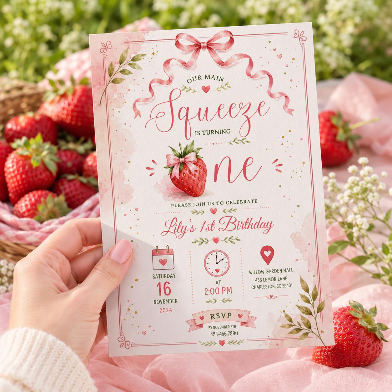 Editable Strawberryfirst Birthday Invitation Canva Template, Girls Kids Cute Modern Fun Themed DIY Party Invite, Printable Digital Download.