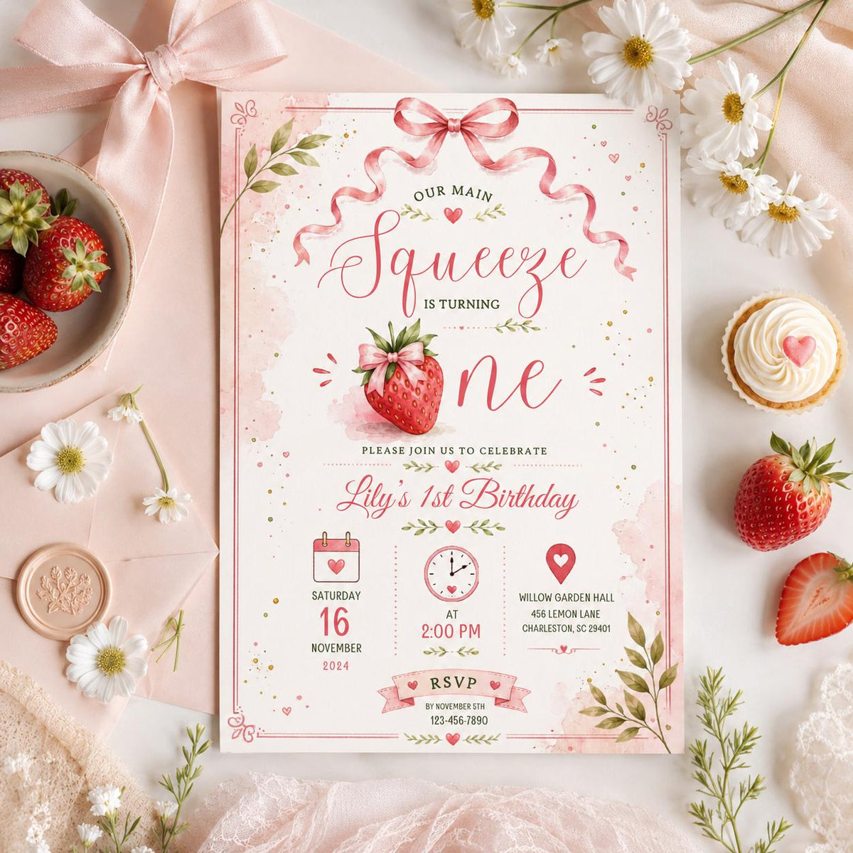 Editable Strawberryfirst Birthday Invitation Canva Template, Girls Kids Cute Modern Fun Themed DIY Party Invite, Printable Digital Download.