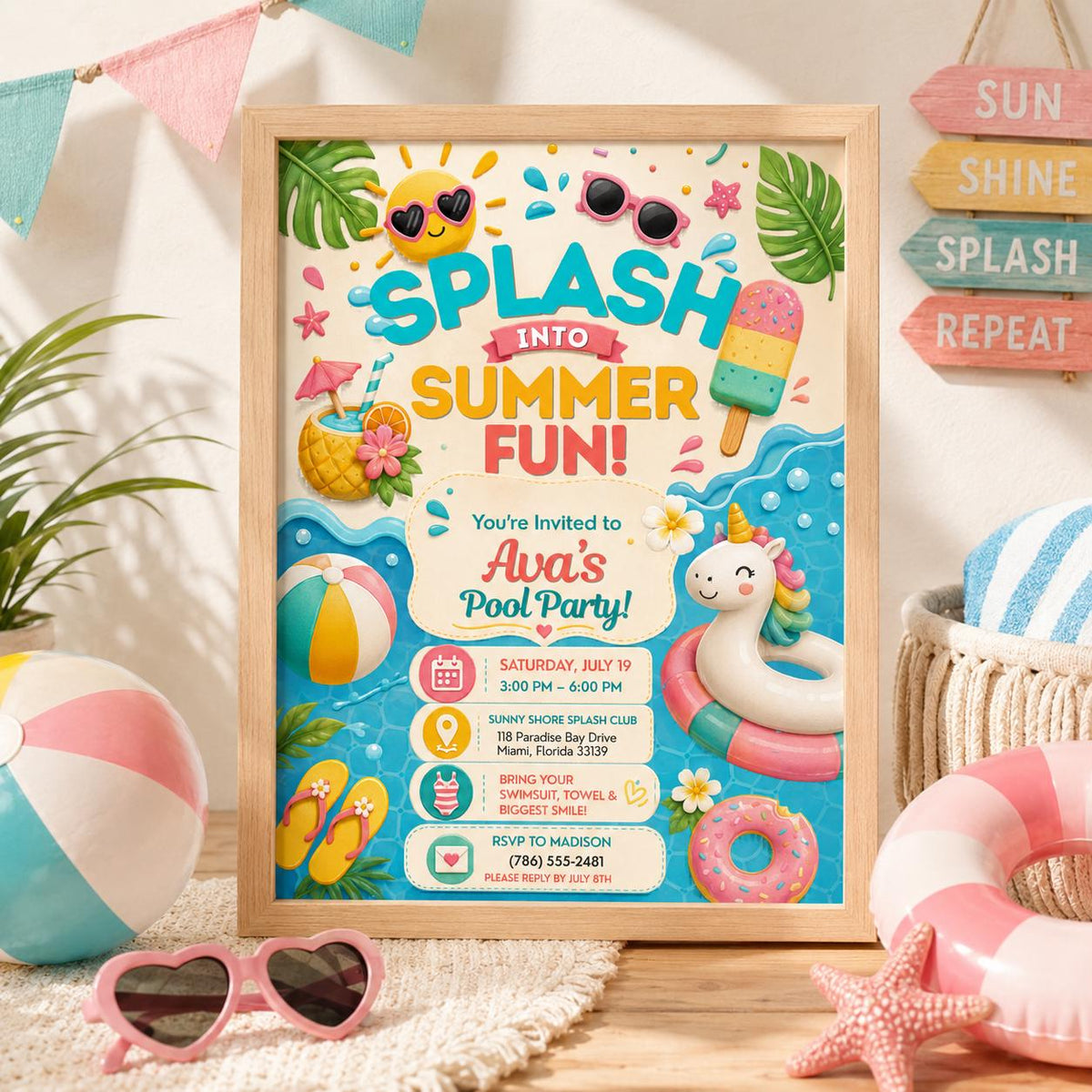 Editable Pool Birthday Invitation Canva Template, Pink Pastel Girls Kids Any Age Pool Cute Fun DIY Party Invite, Printable Digital Download.