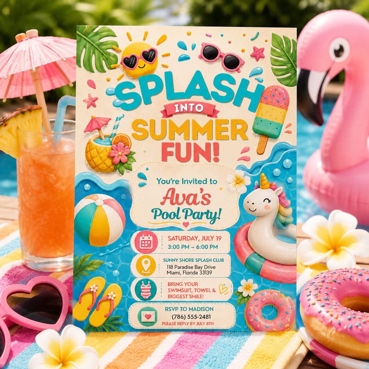 Editable Pool Birthday Invitation Canva Template, Pink Pastel Girls Kids Any Age Pool Cute Fun DIY Party Invite, Printable Digital Download.