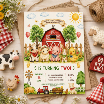 Editable Farm Animals Birthday Invitation Canva Template, Farm Cute Modern Fun DIY Sweet Chic Kids Party Invite, Printable Digital Download.