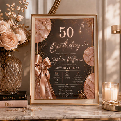 Editable Rustic Birthday Invitation Canva Template, Gold Brown Girls Adult Cute Fun DIY Sweet Chic Party Invite, Printable Digital Download.
