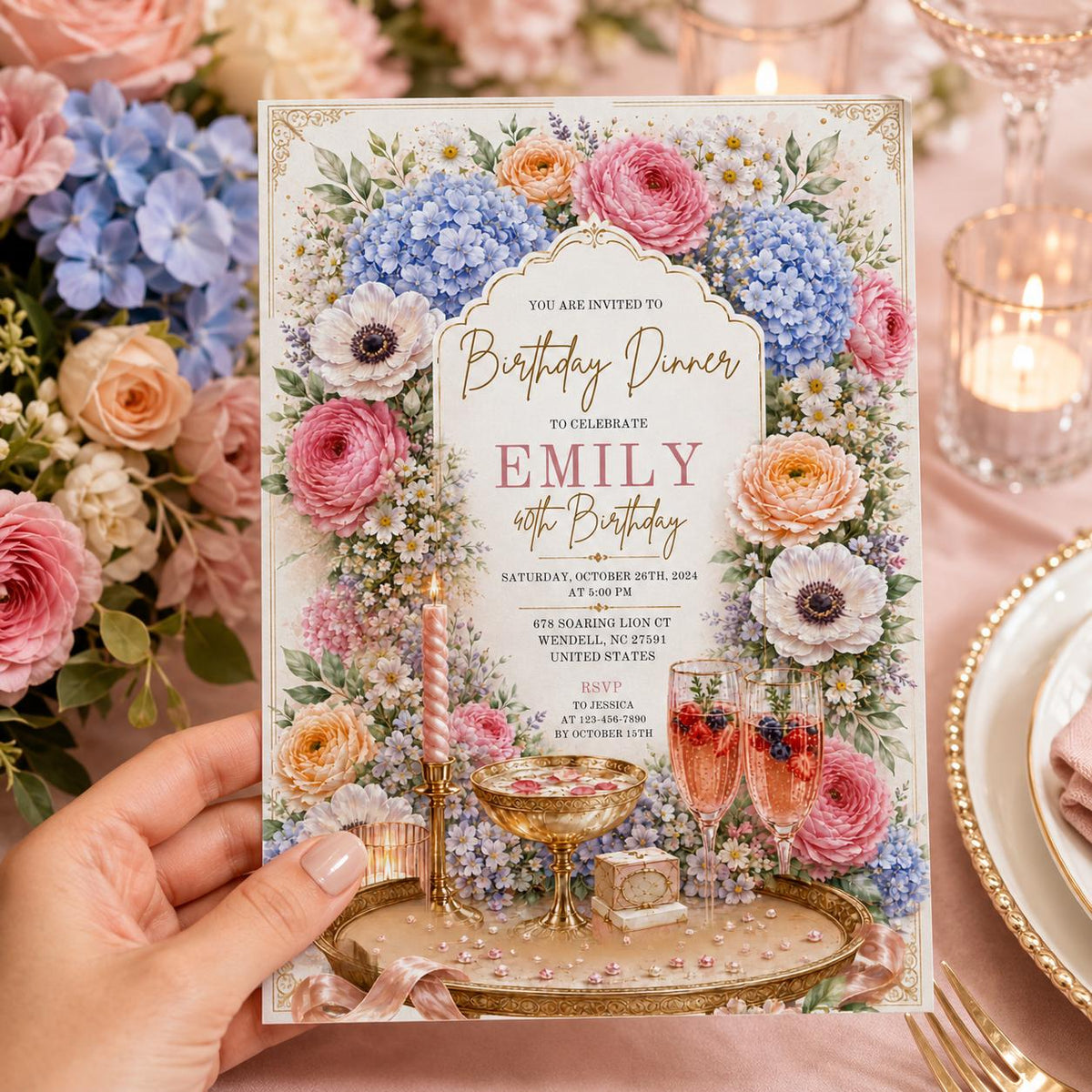 Editable Floral Birthday Invitation Canva Template, Luxury Girls Adult Cute Fun DIY Chic Kids Teen Party Invite, Printable Digital Download.