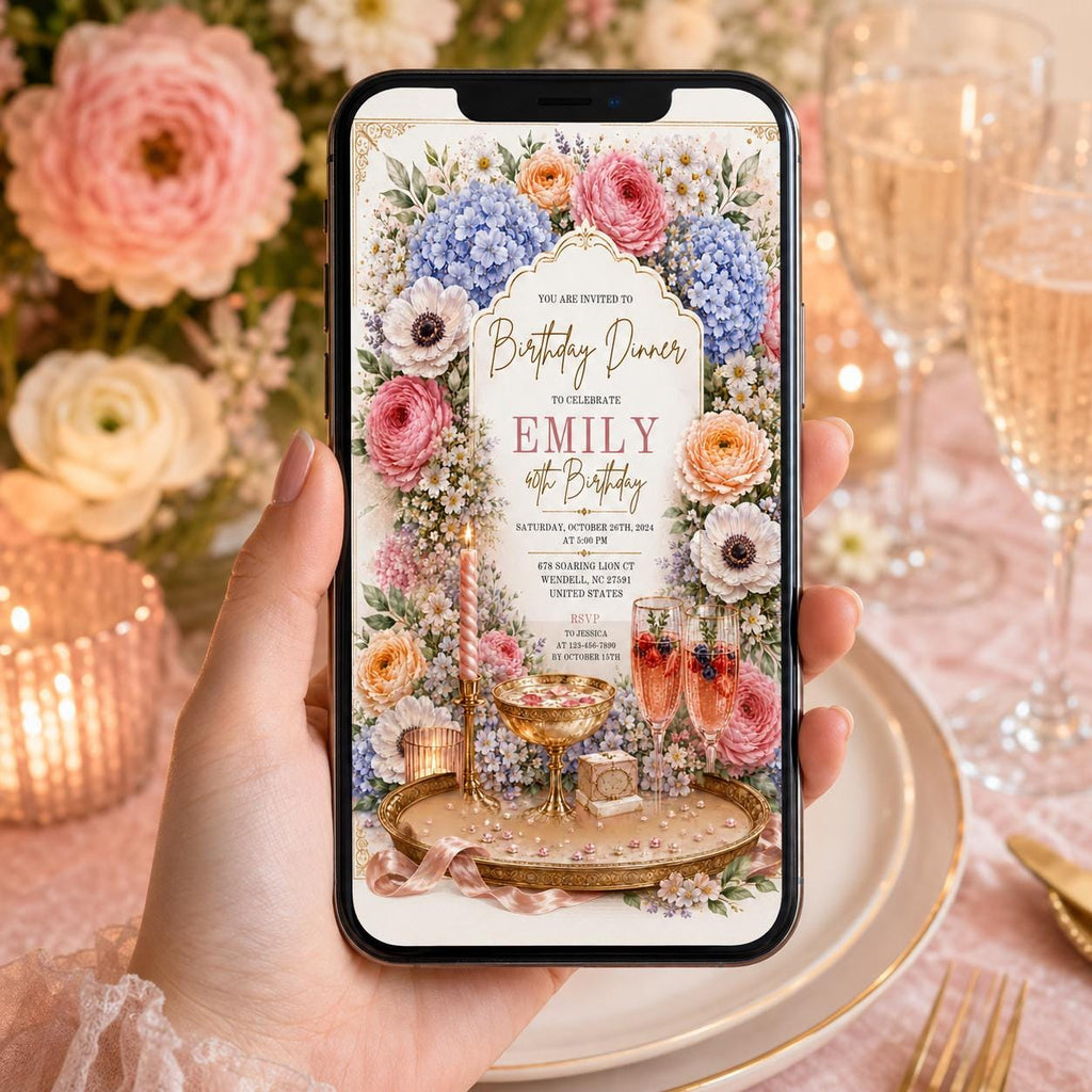 Editable Floral Birthday Invitation Canva Template, Luxury Girls Adult Cute Fun DIY Chic Kids Teen Party Invite, Printable Digital Download.