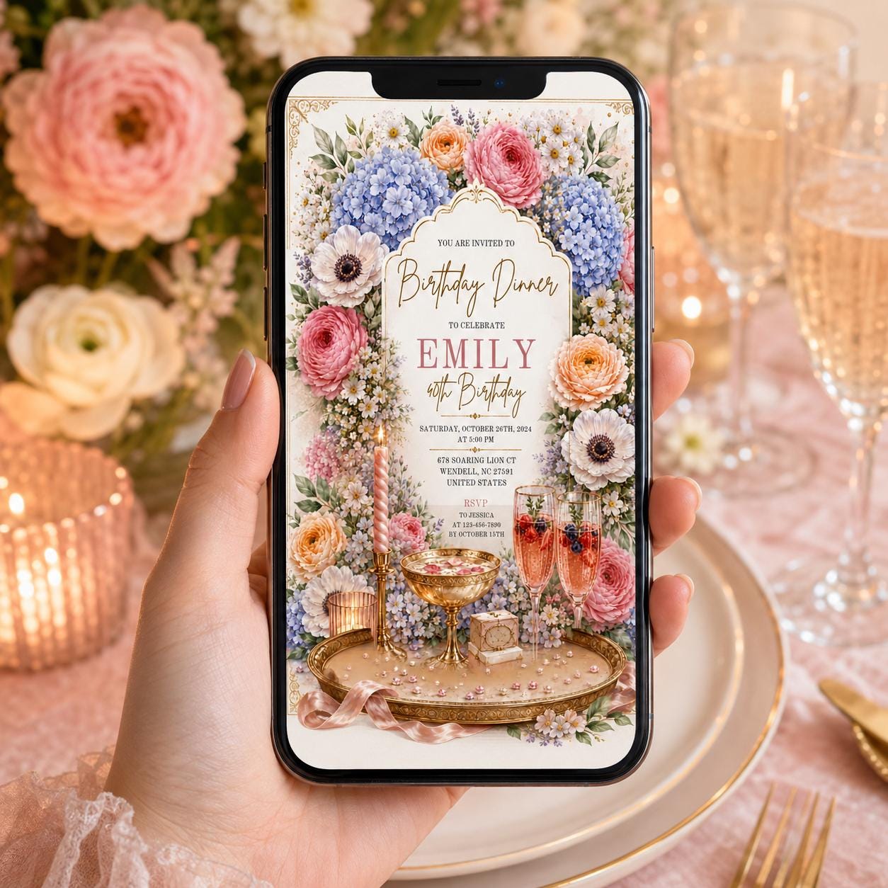 Editable Floral Birthday Invitation Canva Template, Luxury Girls Adult Cute Fun DIY Chic Kids Teen Party Invite, Printable Digital Download.
