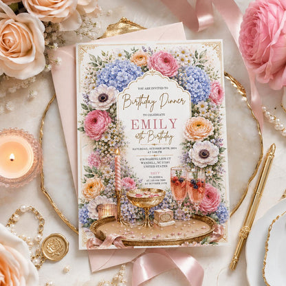 Editable Floral Birthday Invitation Canva Template, Luxury Girls Adult Cute Fun DIY Chic Kids Teen Party Invite, Printable Digital Download.