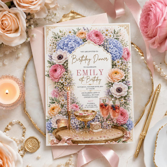 Editable Floral Birthday Invitation Canva Template, Luxury Girls Adult Cute Fun DIY Chic Kids Teen Party Invite, Printable Digital Download.