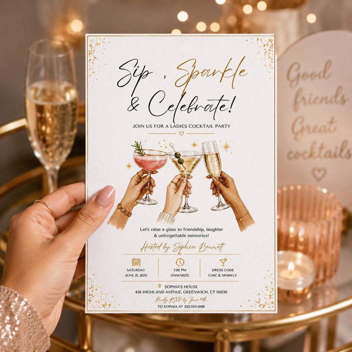Editable Modern Cocktail Party Invitation Canva Template, Chic Girls Adult Cute Modern Fun Themed DIY Sweet Kids Printable Digital Download.