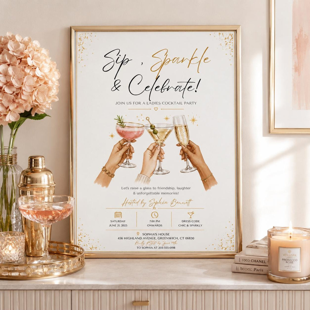 Editable Modern Cocktail Party Invitation Canva Template, Chic Girls Adult Cute Modern Fun Themed DIY Sweet Kids Printable Digital Download.