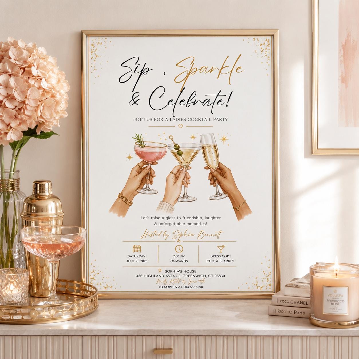 Editable Modern Cocktail Party Invitation Canva Template, Chic Girls Adult Cute Modern Fun Themed DIY Sweet Kids Printable Digital Download.