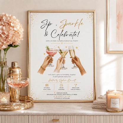 Editable Modern Cocktail Party Invitation Canva Template, Chic Girls Adult Cute Modern Fun Themed DIY Sweet Kids Printable Digital Download.