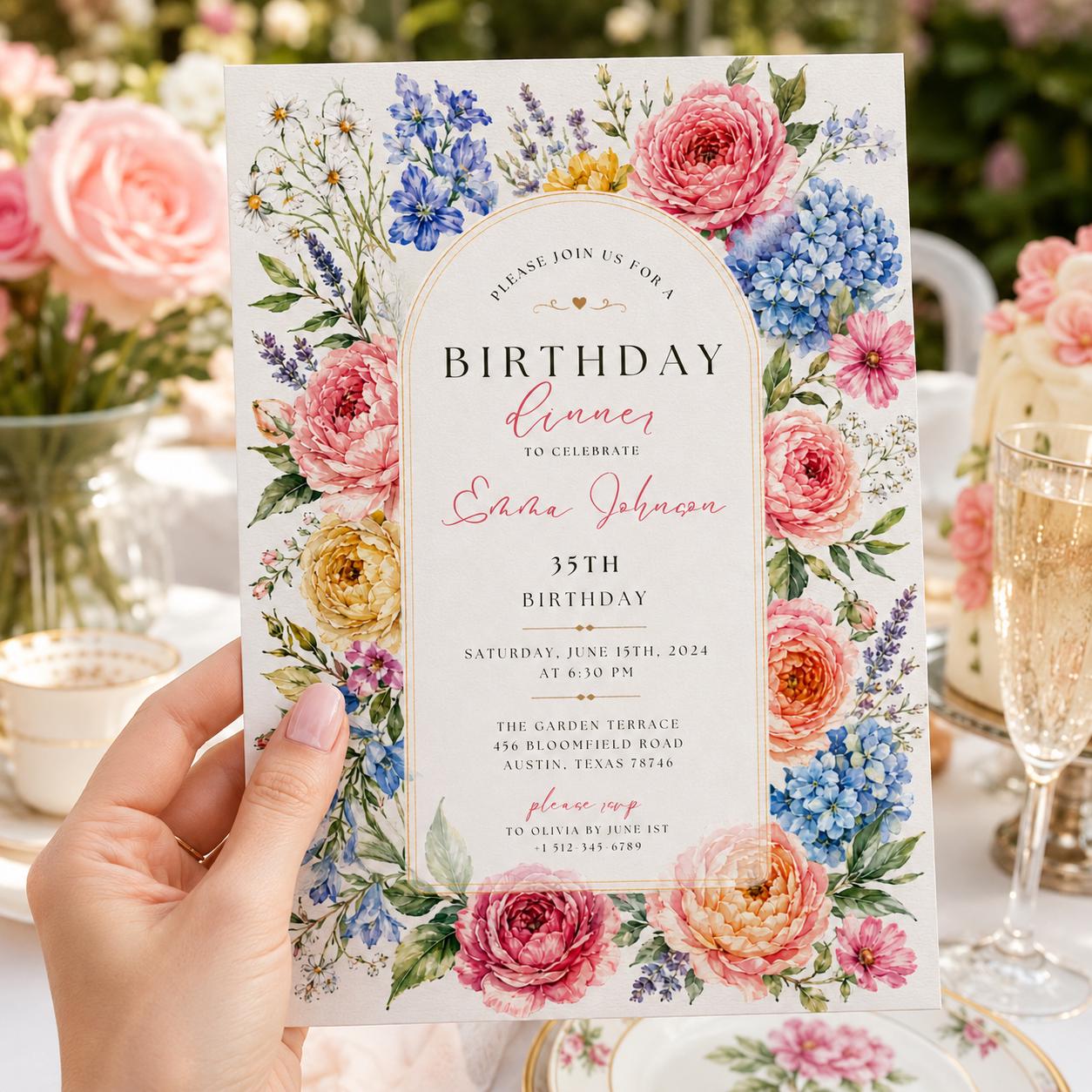 Editable Floral Birthday Invitation Canva Template, Luxury Girls Adult Cute Fun DIY Chic Kids Teen Party Invite, Printable Digital Download.
