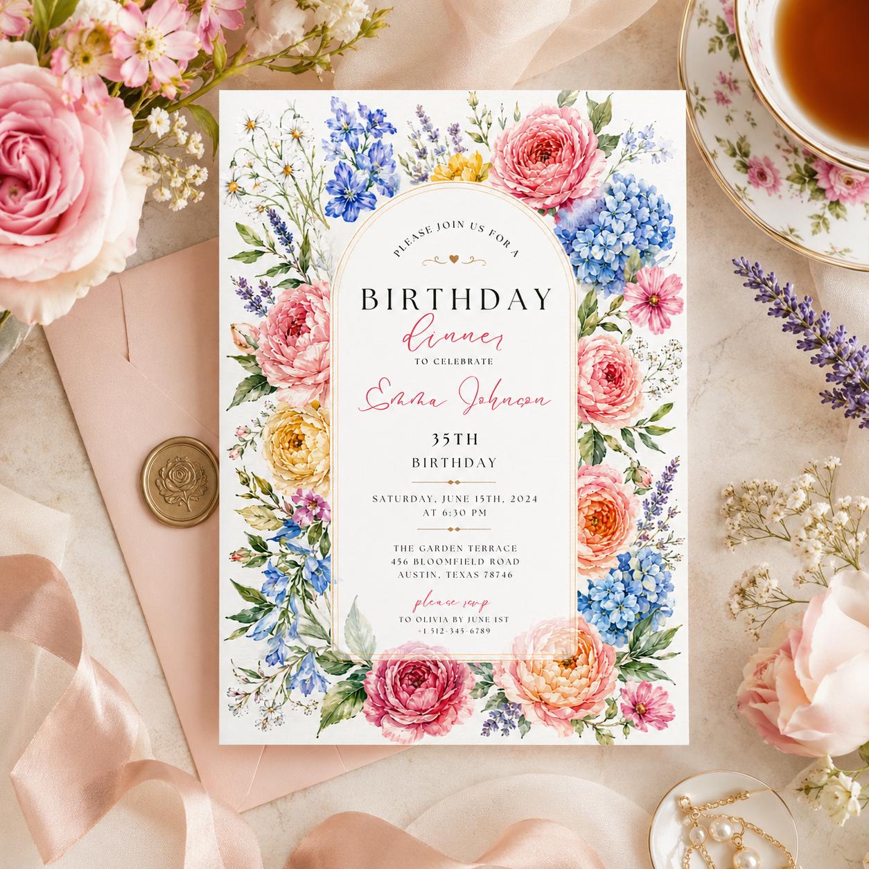 Editable Floral Birthday Invitation Canva Template, Luxury Girls Adult Cute Fun DIY Chic Kids Teen Party Invite, Printable Digital Download.