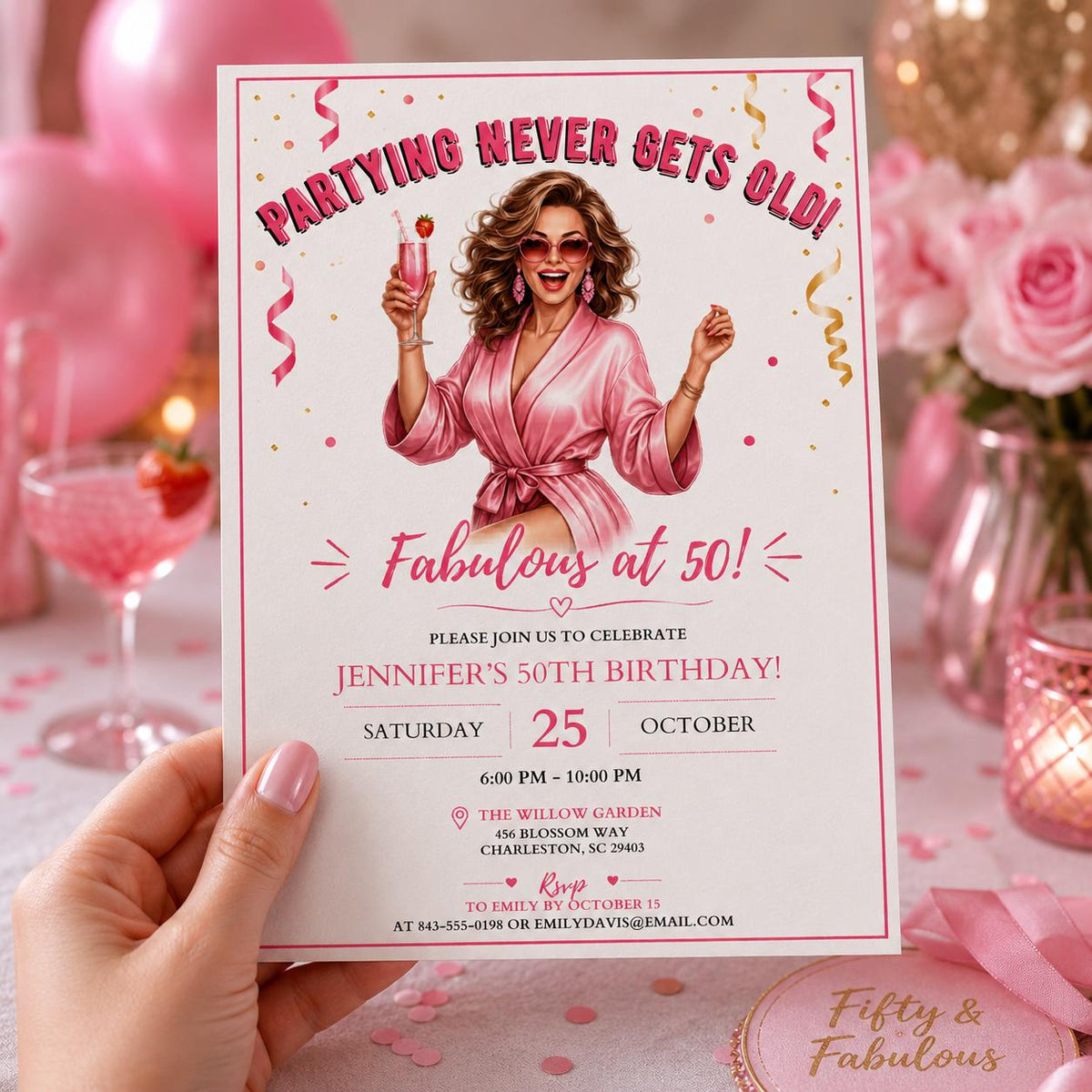 Editable 50th Birthday Invitation Canva Template, Girls Adult Cute Modern Fun Themed DIY Chic Kids Party Invite, Printable Digital Download.