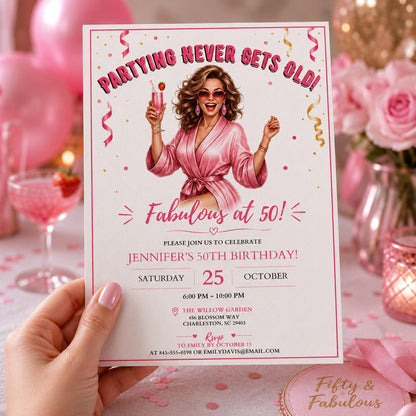 Editable 50th Birthday Invitation Canva Template, Girls Adult Cute Modern Fun Themed DIY Chic Kids Party Invite, Printable Digital Download.