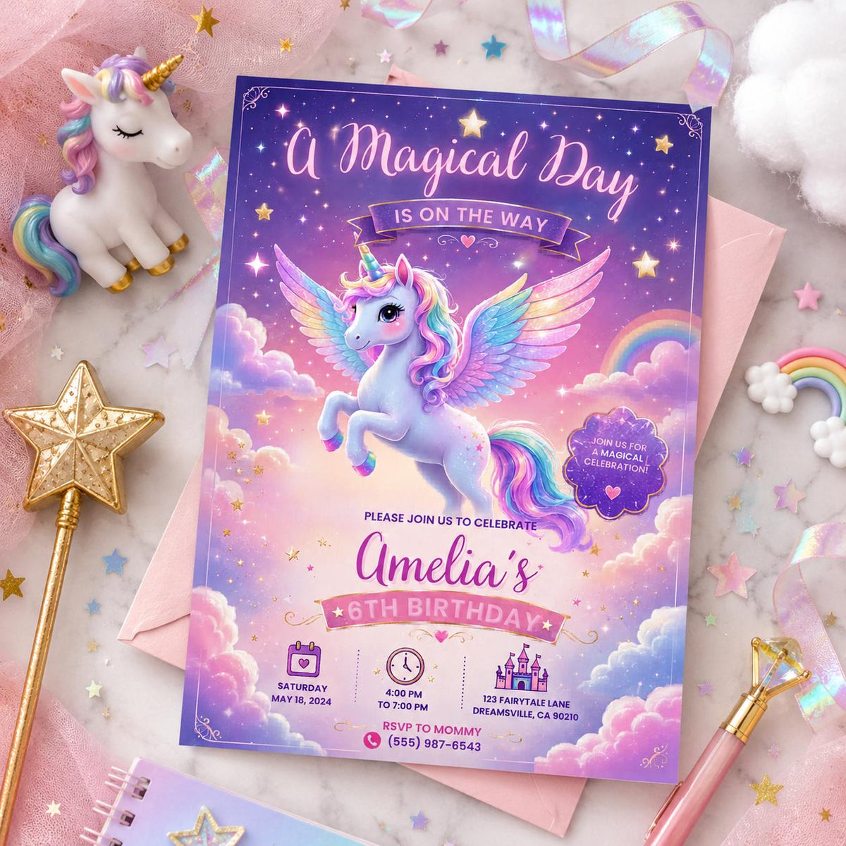 Editable Rainbow Birthday Invitation Canva Template, Girls Cute Fun DIY Sweet Chic Kids Teen Tween Party Invite, Printable Digital Download.