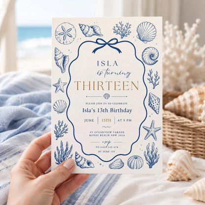 Editable Coastal Seashell Birthday Invitation Canva Template, Blue Girls Teens Cute Modern Fun DIY Party Invite, Printable Digital Download.