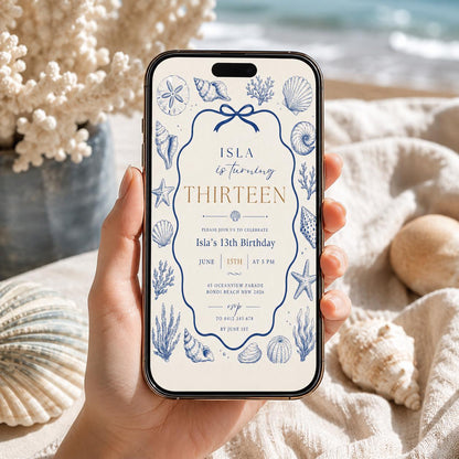 Editable Coastal Seashell Birthday Invitation Canva Template, Blue Girls Teens Cute Modern Fun DIY Party Invite, Printable Digital Download.