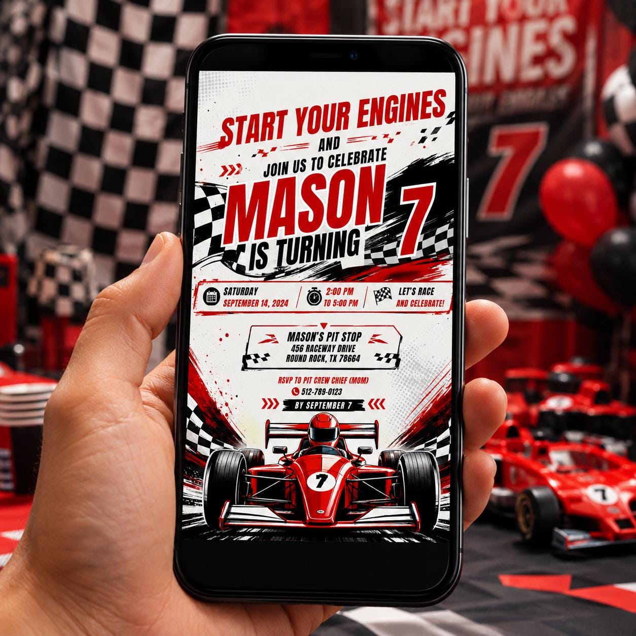 Editable Race Car Birthday Invitation Canva Template, Red Boys Kids Racing Cute Fun DIY Sweet Chic Party Invite, Printable Digital Download.
