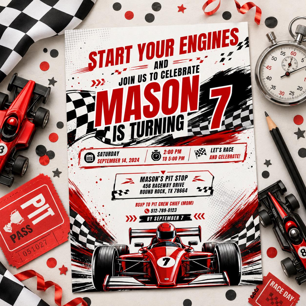 Editable Race Car Birthday Invitation Canva Template, Red Boys Kids Racing Cute Fun DIY Sweet Chic Party Invite, Printable Digital Download.