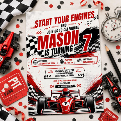 Editable Race Car Birthday Invitation Canva Template, Red Boys Kids Racing Cute Fun DIY Sweet Chic Party Invite, Printable Digital Download.