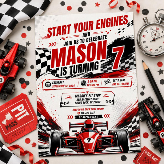 Editable Race Car Birthday Invitation Canva Template, Red Boys Kids Racing Cute Fun DIY Sweet Chic Party Invite, Printable Digital Download.